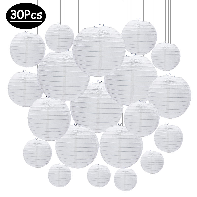 30 unids/lote 4 ''-12'' linternas de papel chinas blancas bola colgante linterna redonda para boda de cumpleaños evento decoración navideña