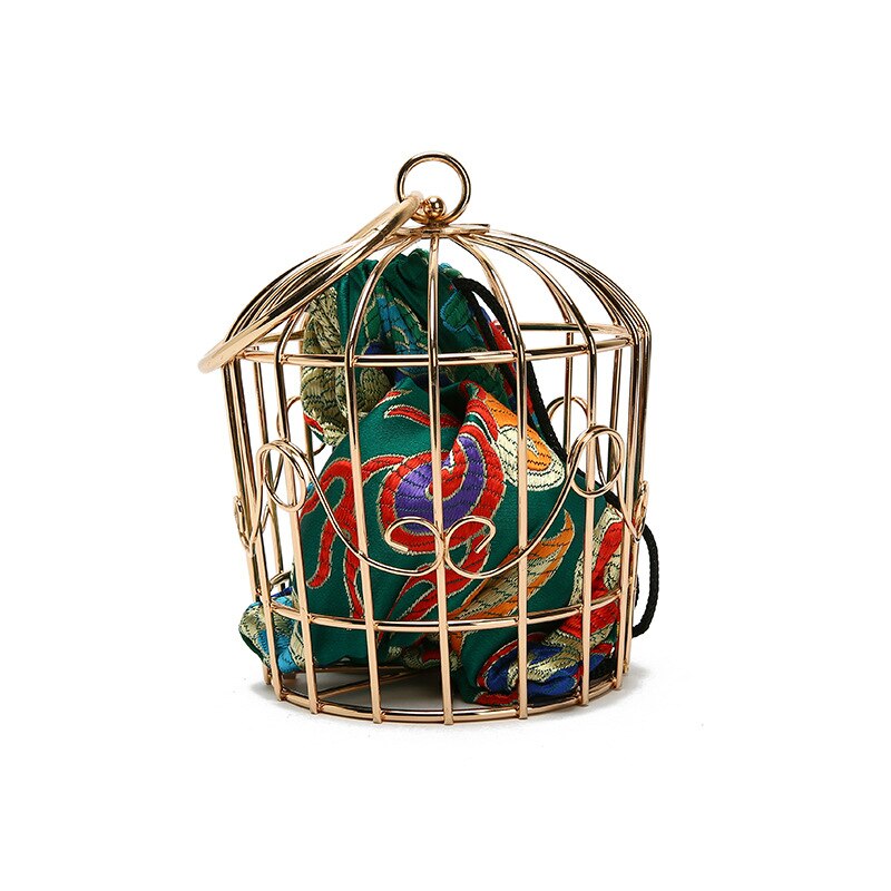 Women's Birdcage Evening Bag Clutch Metal Frame Embroidery Bucket Bird Cage Mini Totes Ladies Purses Female Gold Tassel Handbags: Green