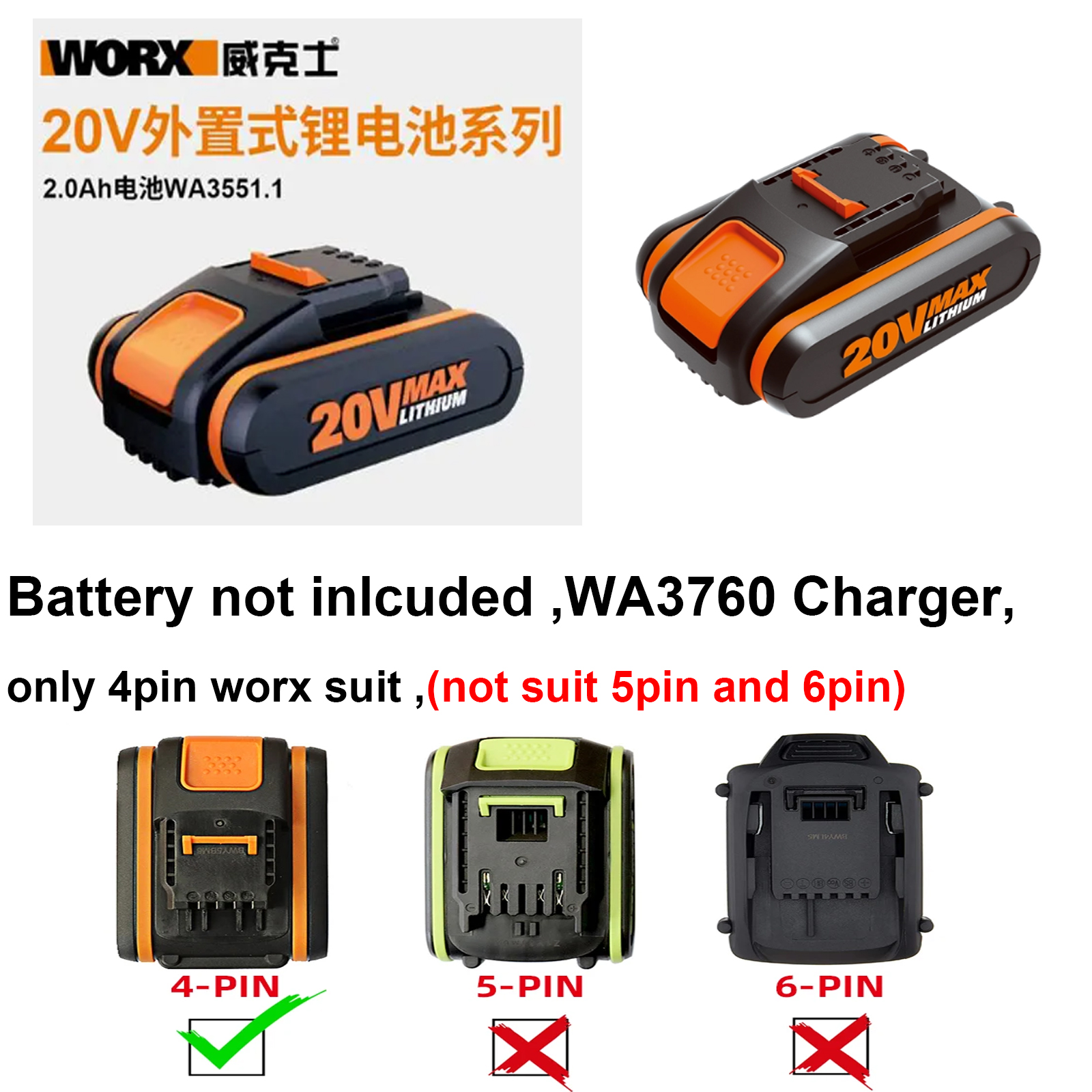 Worx wa3760 Ladegerät für 20V Lithium batterie 4Stift wa 3551,1 wa3572 wa3550 wa3553 usw. (eu Stecker)