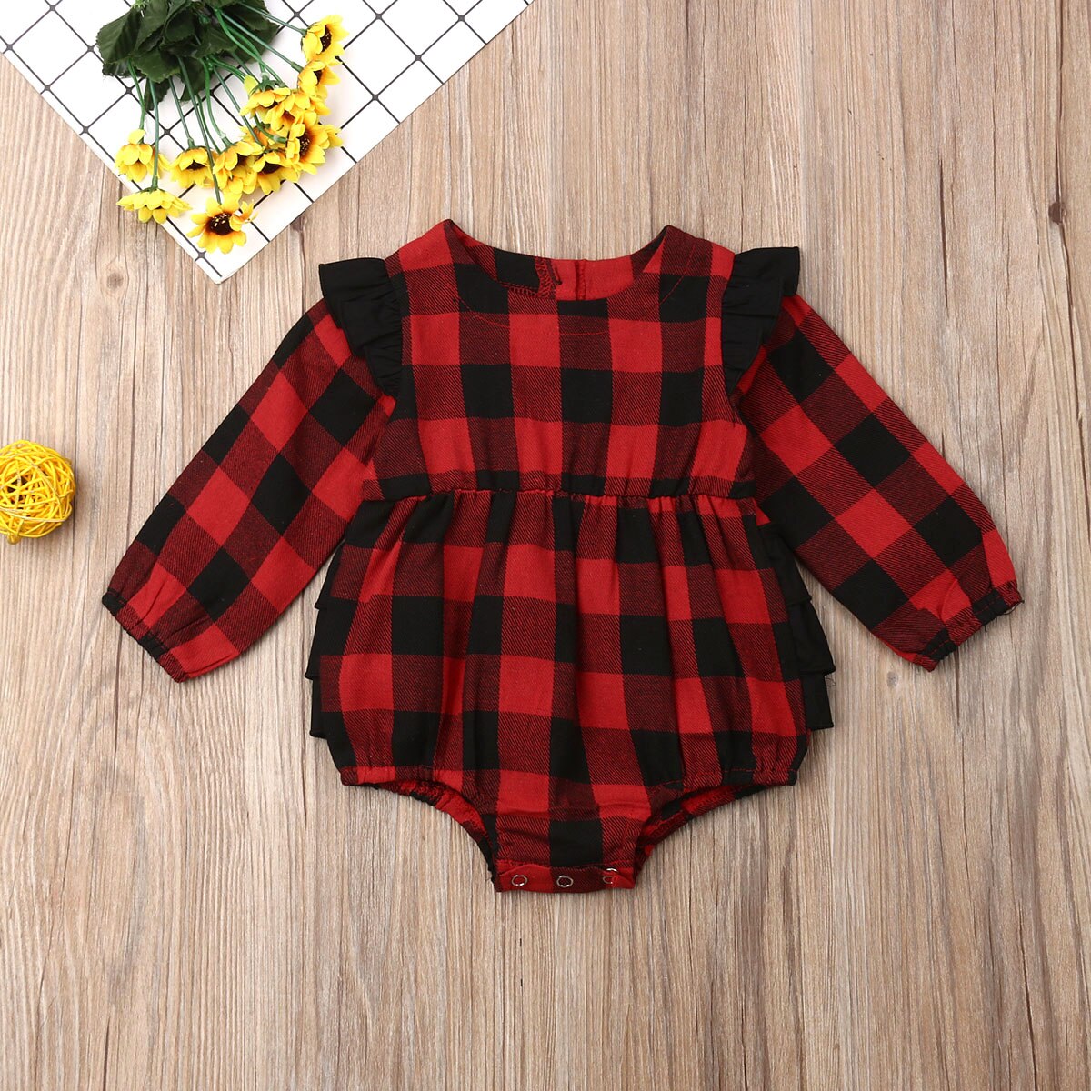 Xmas Toddler Baby Girl Boys Plaid Bodysuits Clothes Long Sleeve Ruffles Christmas Jumpsuit Outfit 0-18M