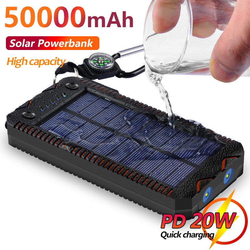 Banco de energia solar 50000mah bateria de reposição de grande capacidade à prova dwaterproof água bateria externa com sos led de emergência ao ar livre