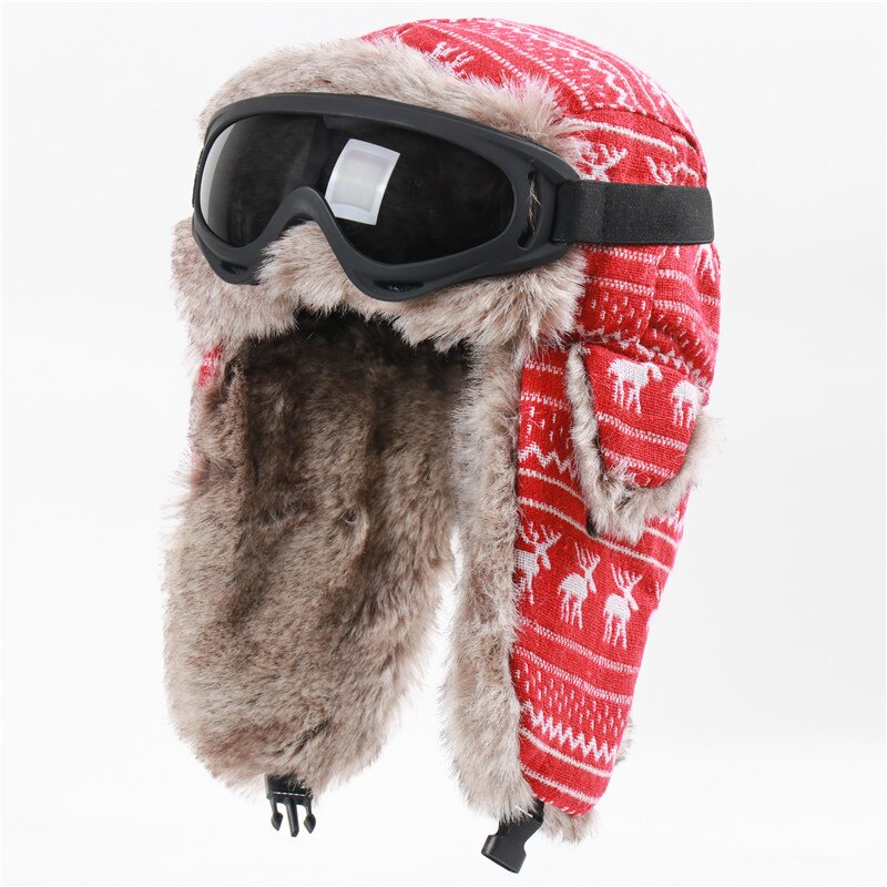 Gorra de esquí a prueba de viento para hombre y mujer, casco de vuelo con orejeras gruesas, ciervo de Navidad, más gorro cálido de terciopelo con gafas, Invierno: red(Goggles)