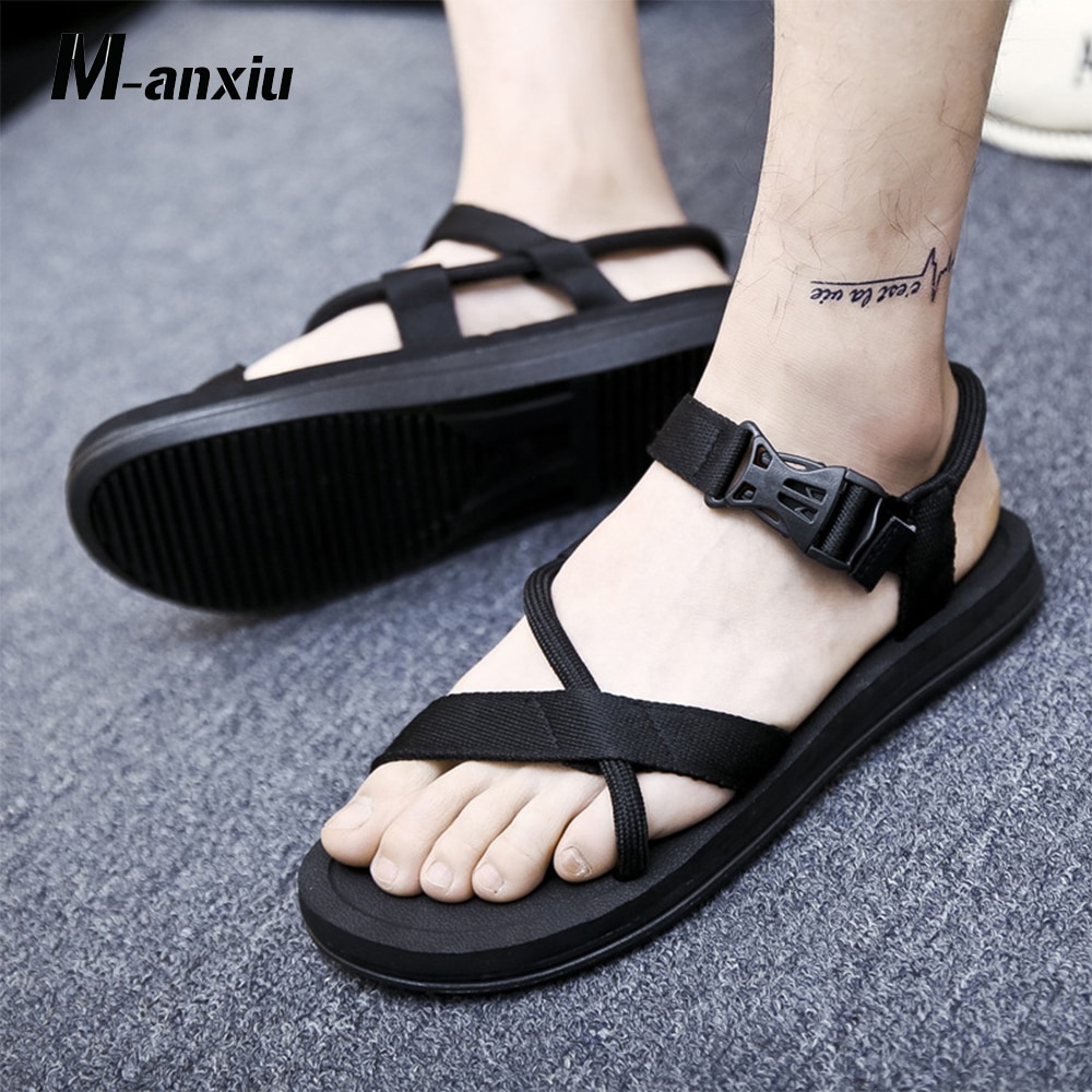 M-anxiu Summer Flat Antiskid Rubber Sole Beach Sandal Men Casual Ankle Buckle Strap Cross Tied Sandal