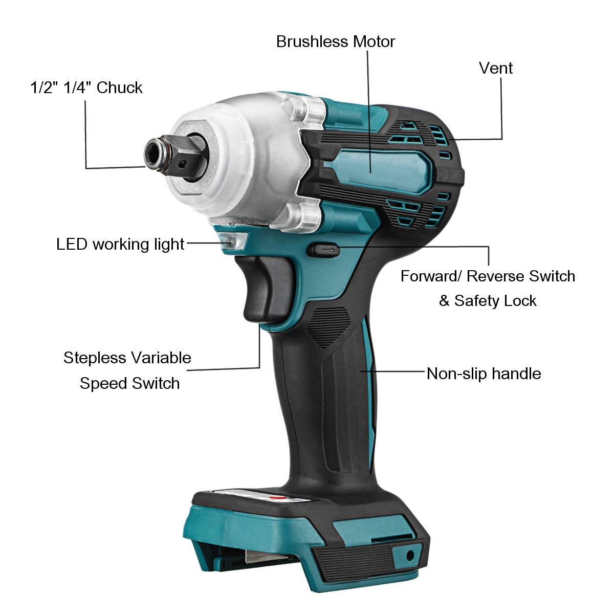 18v 800n. m ledningsfri elektrisk slagnøkkel motor 1/2 "firkantet børsteløs oppladbar skiftenøkkel led -lys for makita batteri