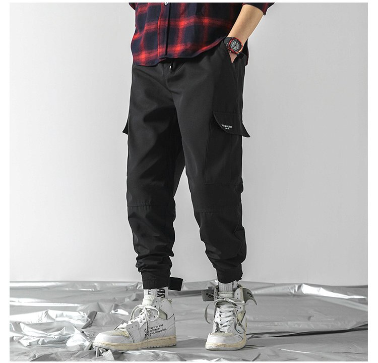 Män svarta joggingbyxor höst vinter herr stora fickor harem cargo byxor herr streetwear overall träningsbyxor byxor: S / Svart