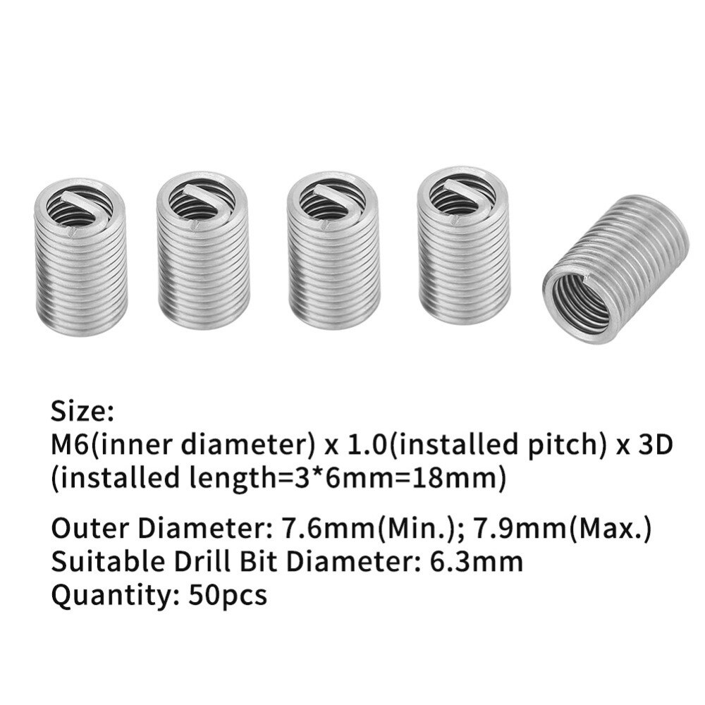 50Pcs Stainless Steel Coiled Wire Helical Screw Bushing Sleeve Set Thread Inserts M6x1.0x2.5D Self Tapping Thread Repair Tools