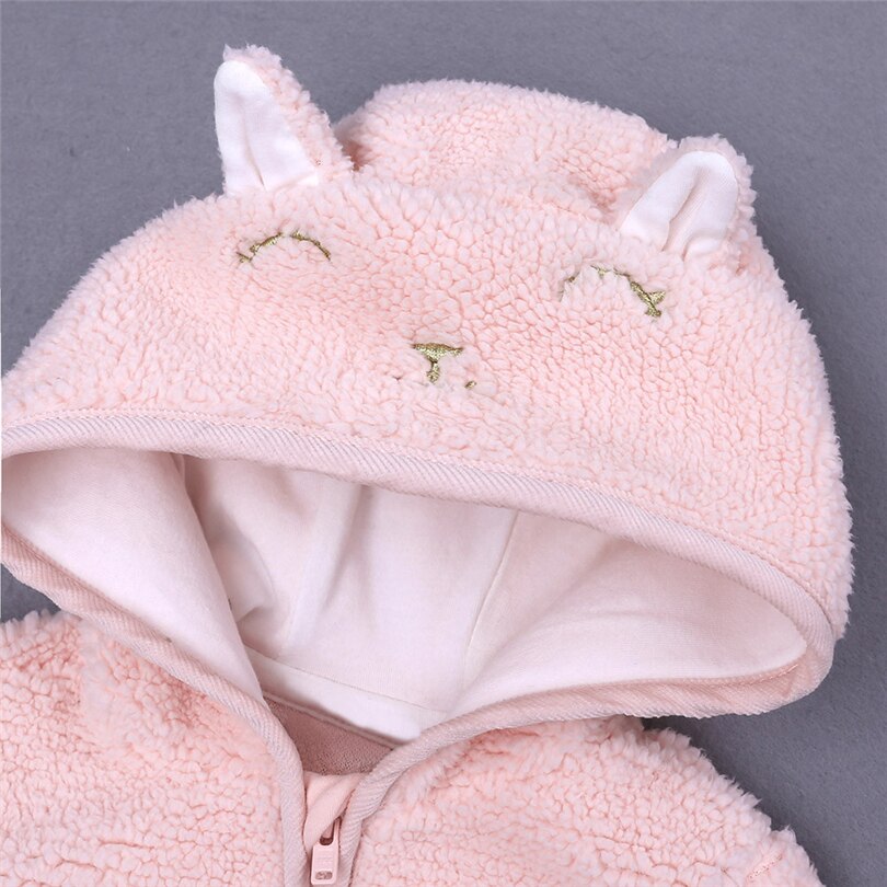 Toddler Kids Boys Girls Plush Coat Infant Cartoon Ear Solid Color Hooded Cute Unisex Winter Warm Zipper Tops Clothes 3-18M A20