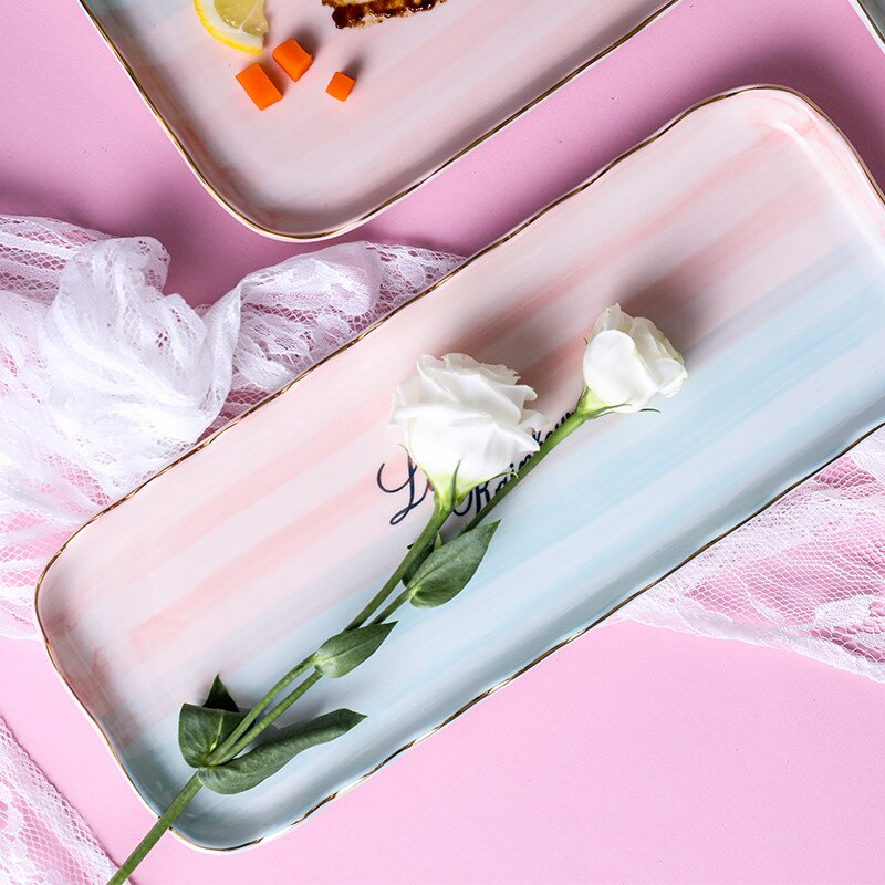 Kleur Veranderende Rechthoek Keramische Plaat Nordic Vierkante Porselein Glazuur Diner Plaat Pasta Cake Dessert Dienblad Huishouden Gerechten Plaat