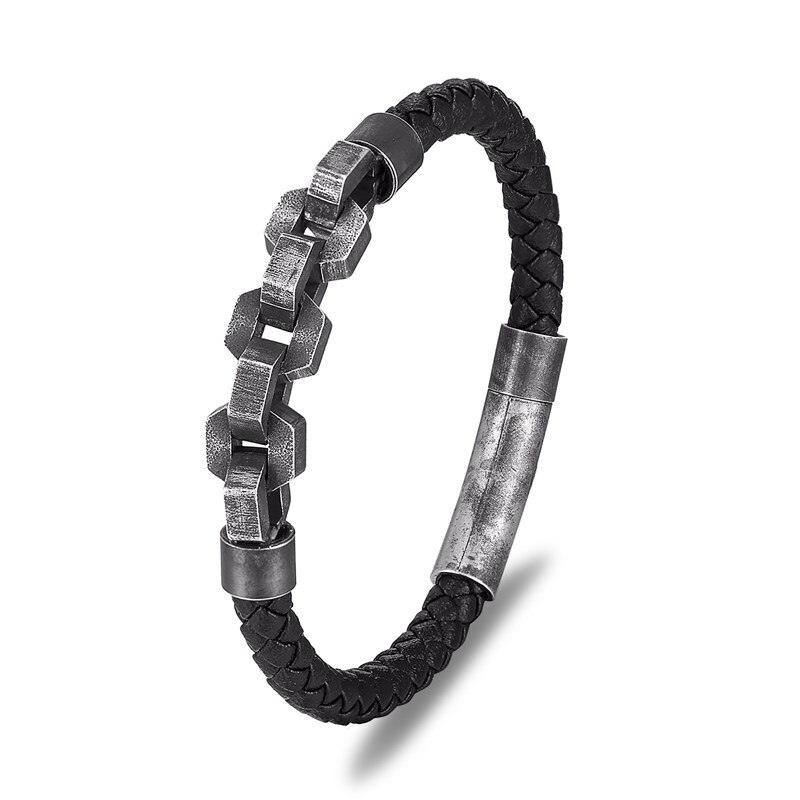 MKENDN Punk Rock bracciale in pelle da uomo Biker Link Chain gioielli Viking bracciali maschili in acciaio inossidabile accessori moto regalo: L485 / 19 centimetri