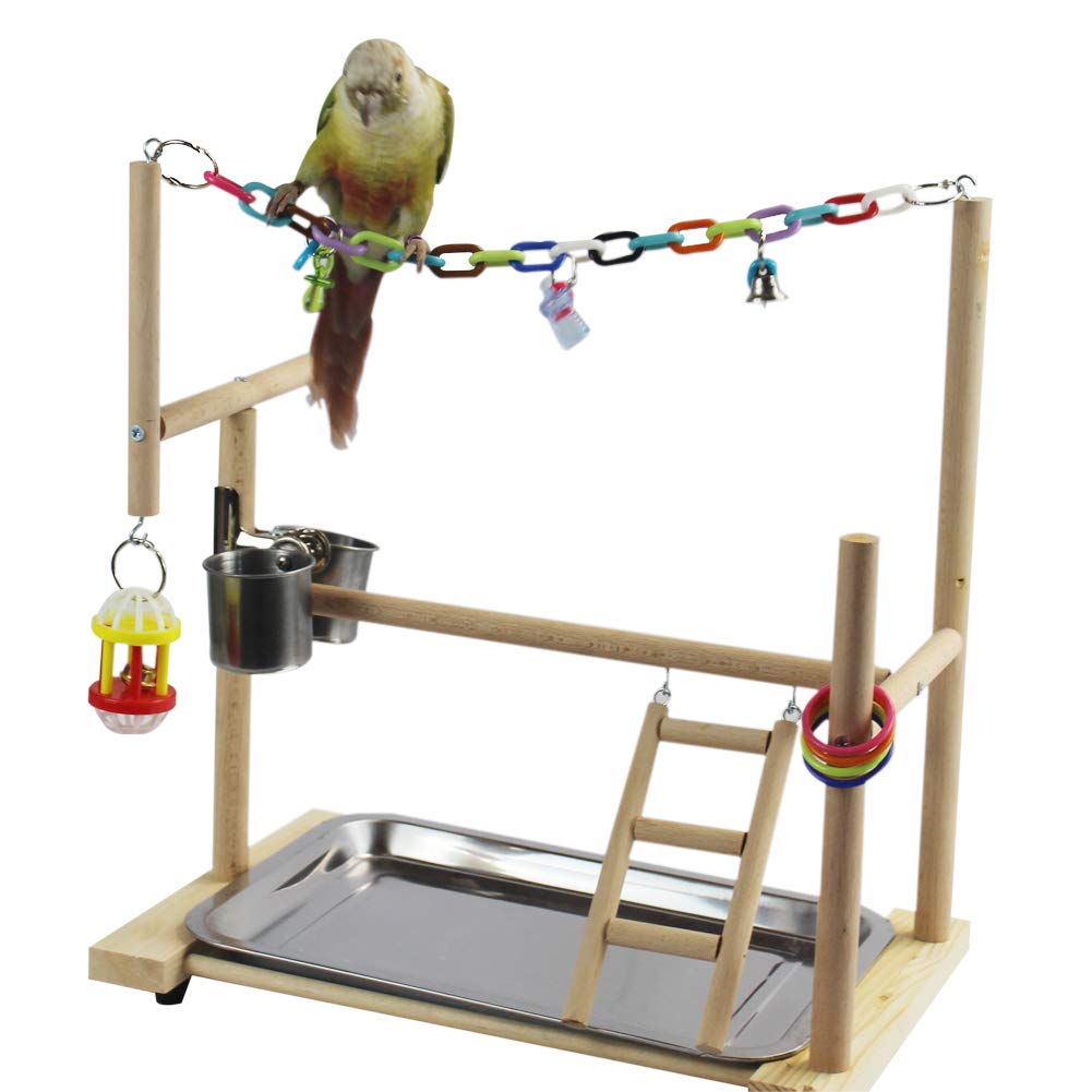 Bird Playground Play Gym Wooden Parrot Perch with Chewing Climbing Chain Toys Ladders Bowl Removable Tray-Exercise Training
