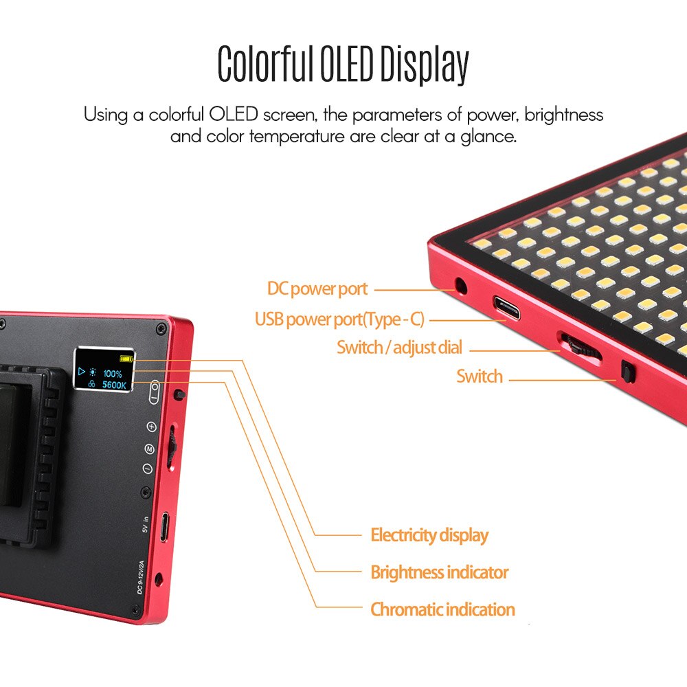 Dimmable LED Video Light - 16W OLED Screen - 3200K-5600K Bi-Color - CRI 97+ for Photography & Live Streaming