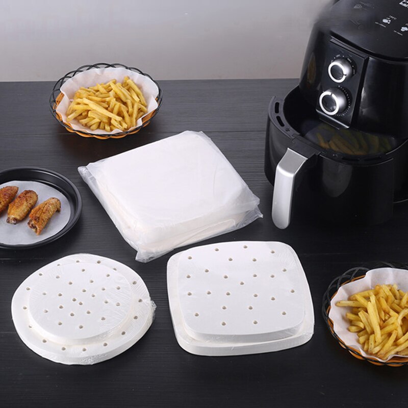 Feuilles de cuisson jetables pour friteuse à Air, papier perforé, 100 pièces, 6/7/8/9 pouces, papier à l'huile de Barbecue antiadhésif, pour cuisson à la vapeur