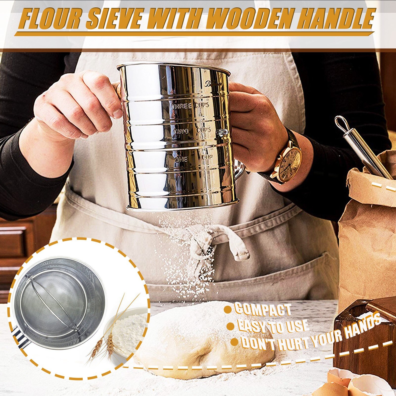 3-cup Stainless Steel Rotary Hand Crank Flour Sifter With 2 Wire Agitator Baking Tool Kitchen Tools Crank Flour Sifter Shaker