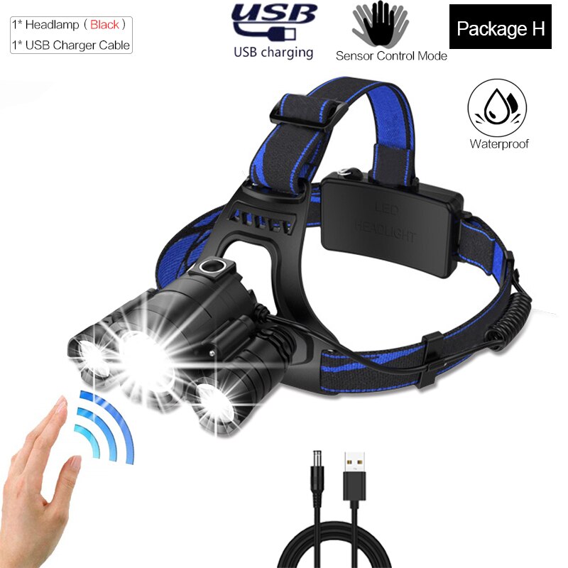 Super Leistungsstarke Sensor Scheinwerfer Wiederaufladbare Körper Motion Sensor Scheinwerfer Wasserdichte LED Kopf Licht USB Kopf Vorder Taschenlampe 18650