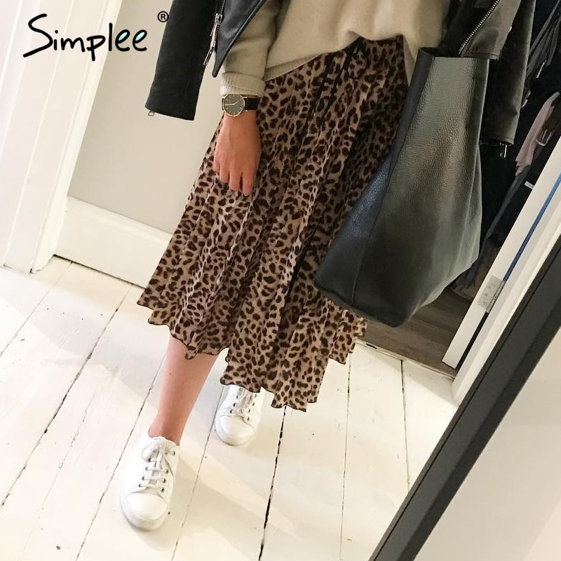 Simplee Vintage Luipaard Print Geplooide Rokken Vrouwen Punk Rock Koreaanse Rok Streetwear Trekkoord Elastische Taille Dames Midi Rokken