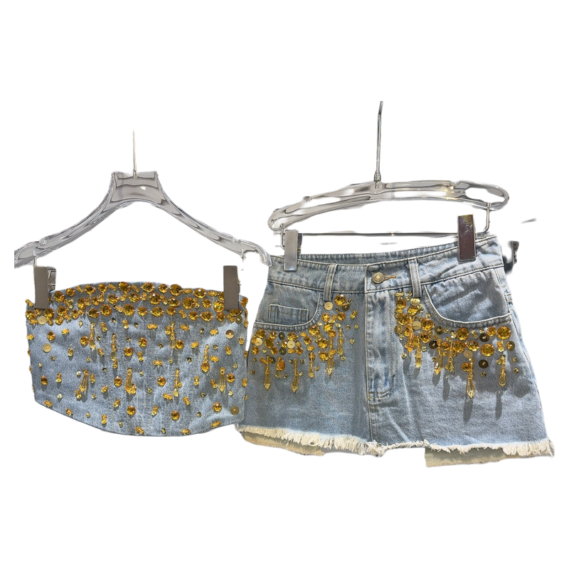 Sød denimjakkesæt til kvinder forår sommer sexet guldperlet tube top crop top retro burr denim nederdel sælges separat