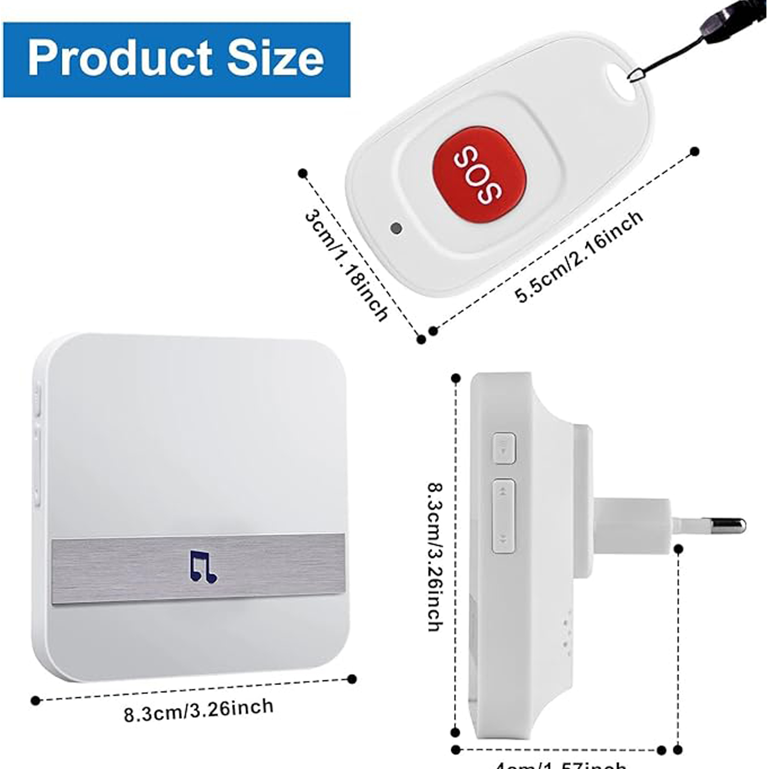 Draadloze deurbel met pager Noodalarm voor ouderen, 52 klokkenspel, AC 110V-220V, bereik van 200 m, thuisoproepbel, (EU/AU/UK/US) Stekker