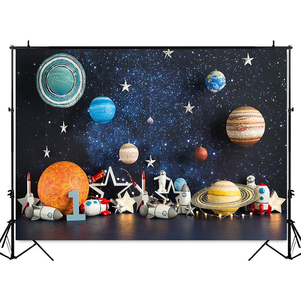 Kleine Astronaut Verjaardagstaart Smash Achtergrond Voor Fotografie Planeet Cosmic Adventure Kids 1st Verjaardag Portret Achtergrond