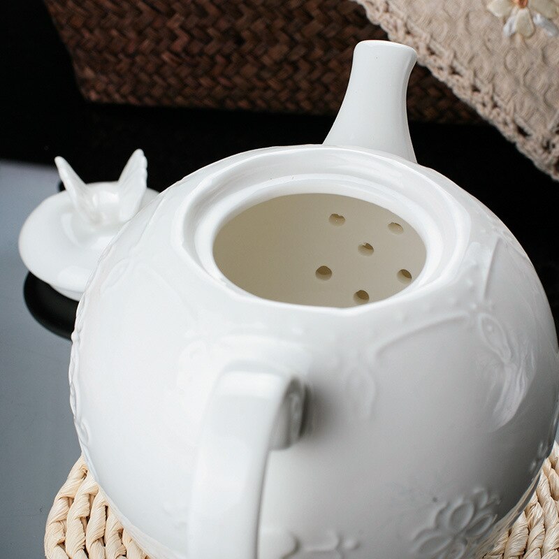Butterfly Flower Teapot, Milk Pot, Sugar Pot Set Ceramic Bone Porcelain Pure White Porcelain Afternoon Tea, European Lace Coffee