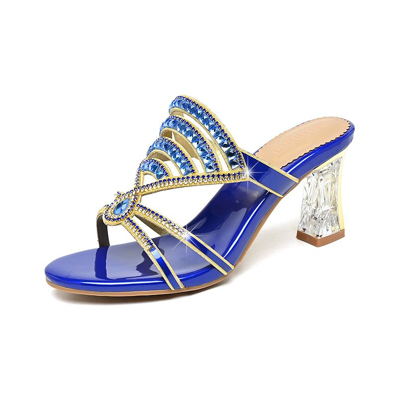 Mode Zomer Sandalen Dames Diamanten Sandalen Hoge Hak Slippers Anti Slip Banket Schoenen Adem Diamant Strandschoenen: Blauw / 35