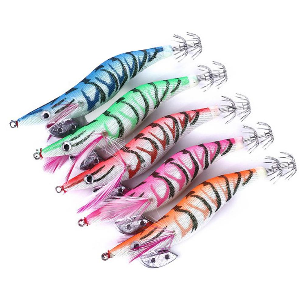5Pcs Nep Aas Lichtgevende Inktvis Jig Vissen Hout Garnalen Lokken Inktvis Inktvis Jigs Lokt Spinner Aas Met 3 # haak Vissen Tools