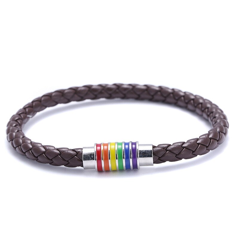 Rainbow Newest Black Brown Handmade Chain Link Cuff Bangle Leather Men Bracelets Women male Jewelry: brown