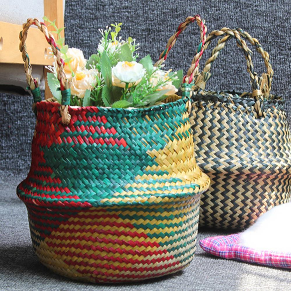 Kleurrijke buik stro opbergmand rotan hangende bloempot vuile kleren opbergmand rotan mand zeegras bloempot