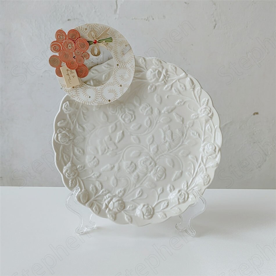 Plato de cerámica artesanal en relieve de rosa, platos decorativos de flores con borde ondulado europeo Vintage, platos de postre, platos de pastel, vajilla de té de la tarde