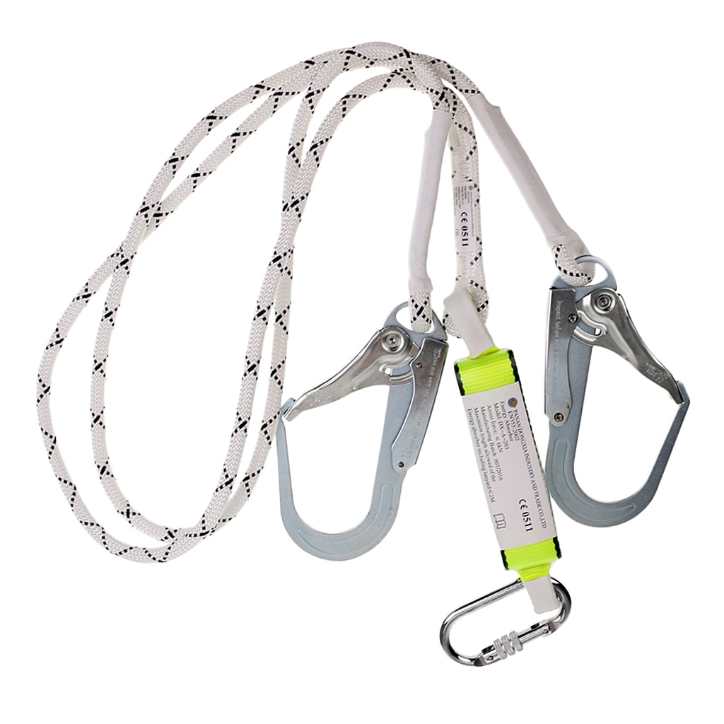 High Strength Polyester Safety Shock Absorbing Lanyard Dual Leg Gear Equipment + 2 Large Snap Hooks + Carabiner