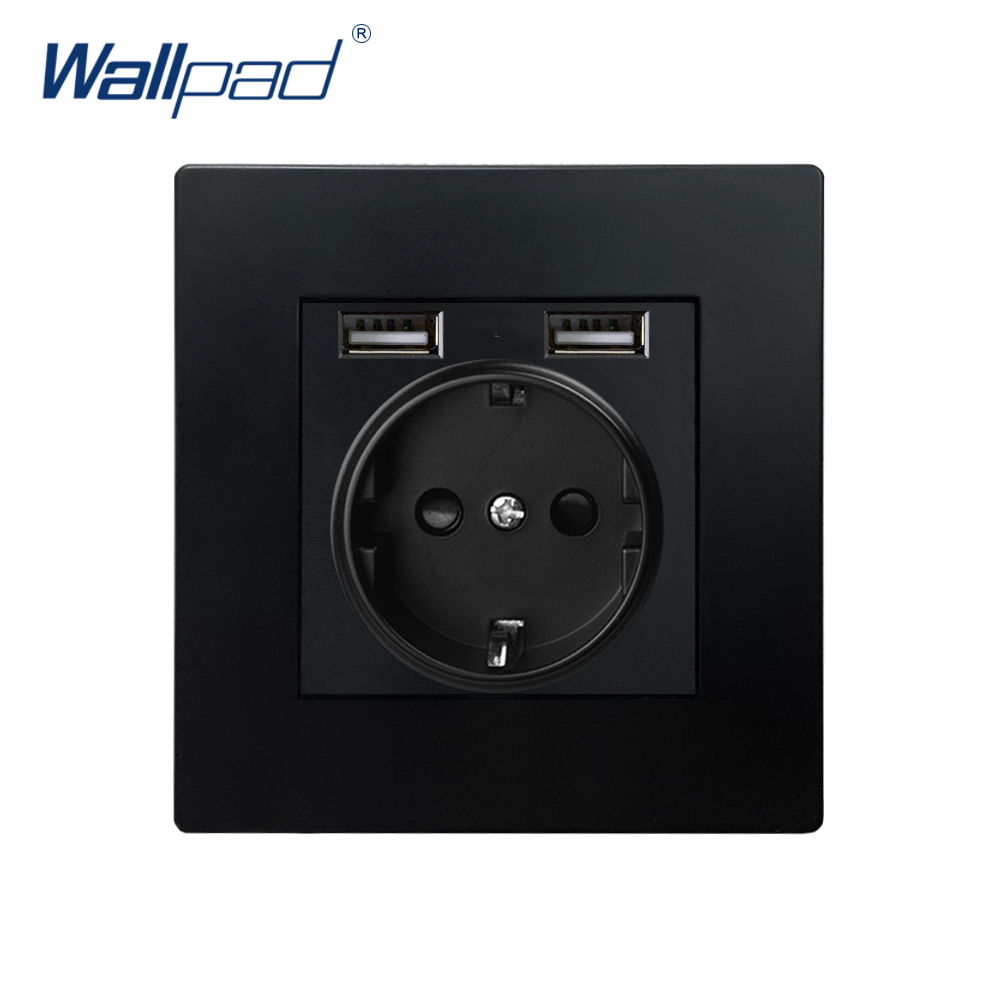 2 USB EU German Socket Black Wallpad Luxury Wall Power Electrical Outlet Sockets PC Panel 5V 3.1A