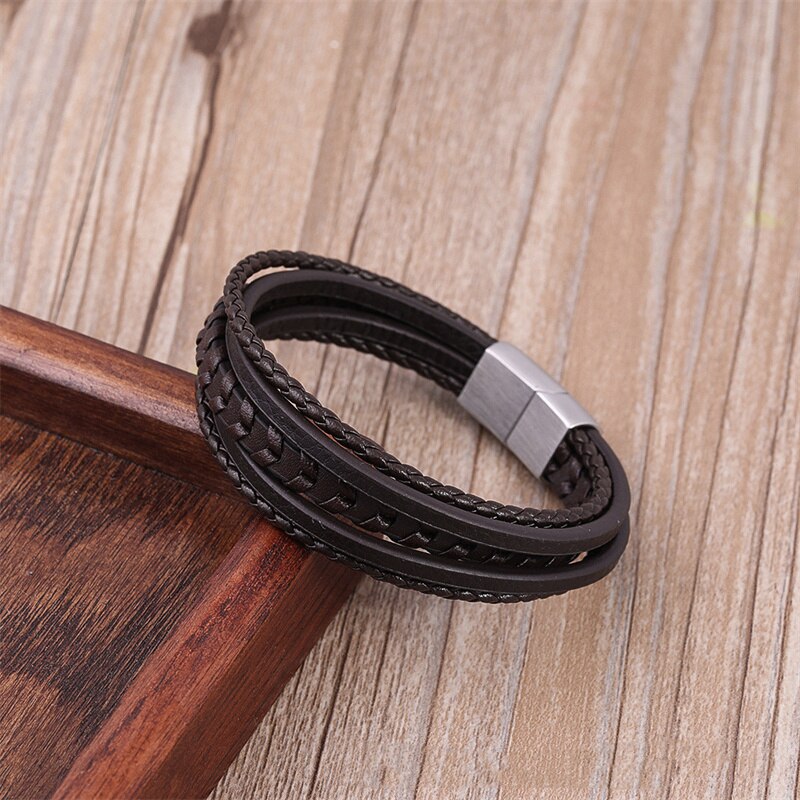 Lederen Mannen Armband Klassieke Roestvrij Staal Multi-layer Leren Armband Voor Mannen Sieraden: 4