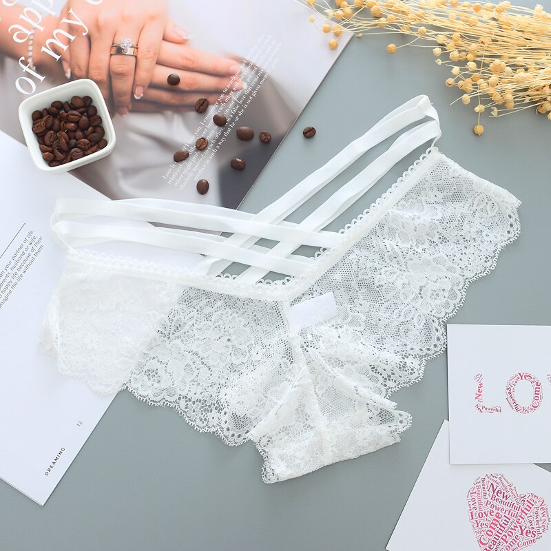 Lace Panties Women Sexy Lingerie Underwear Cross Strap Transparent Underpants Female Solid Briefs: White