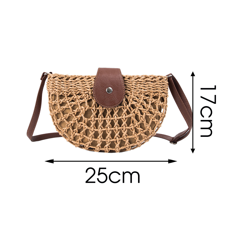 Straw Bag Women Hand-Woven Hollow Handbag Moon Shape Rattan Bag Big Capacity Drawstring Handbag Casual Travel Beach Bag