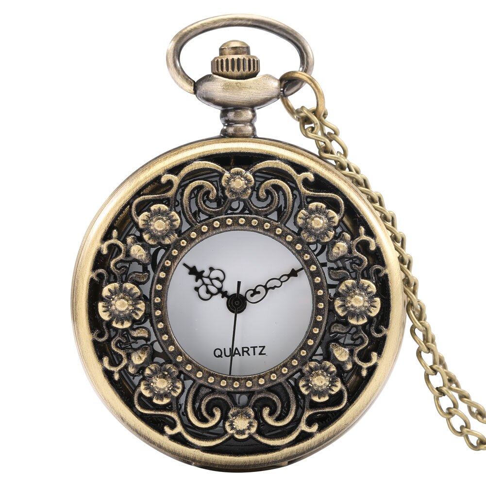 Antieke Bloemen Brons Hollow Hunter Quartz Zakhorloge Retro Vintage Prachtige Dame Sieraden Hanger Klok Cadeaus Voor Mannen Vrouwen: Default Title