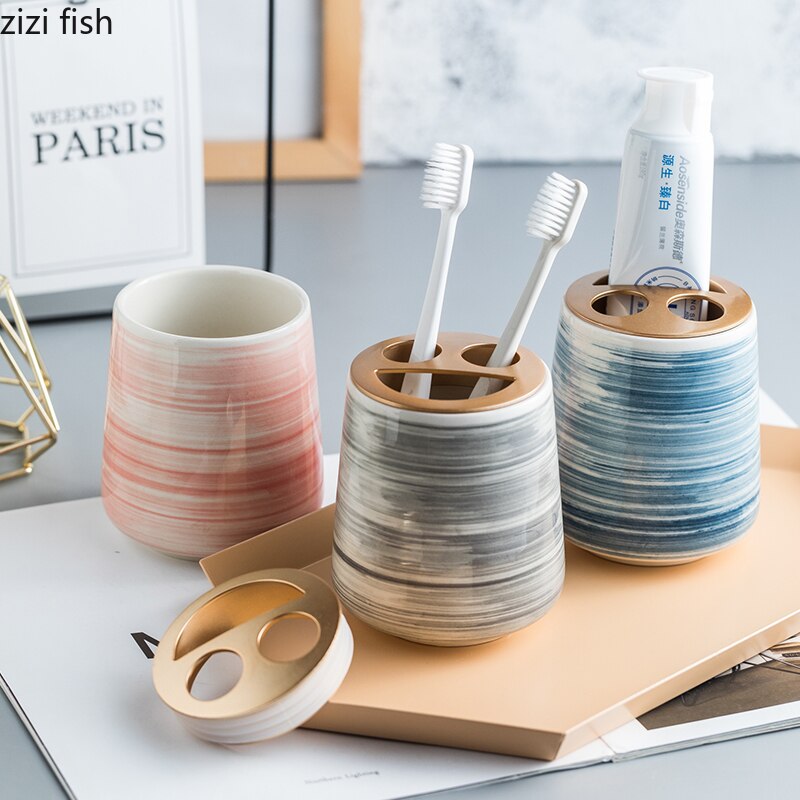 Painted Ceramic Mug Toothbrush Holder Mouth Cup Portable Soap Dispenser Lotion Bottle Wash Supplies Modern Bathroom Accessories