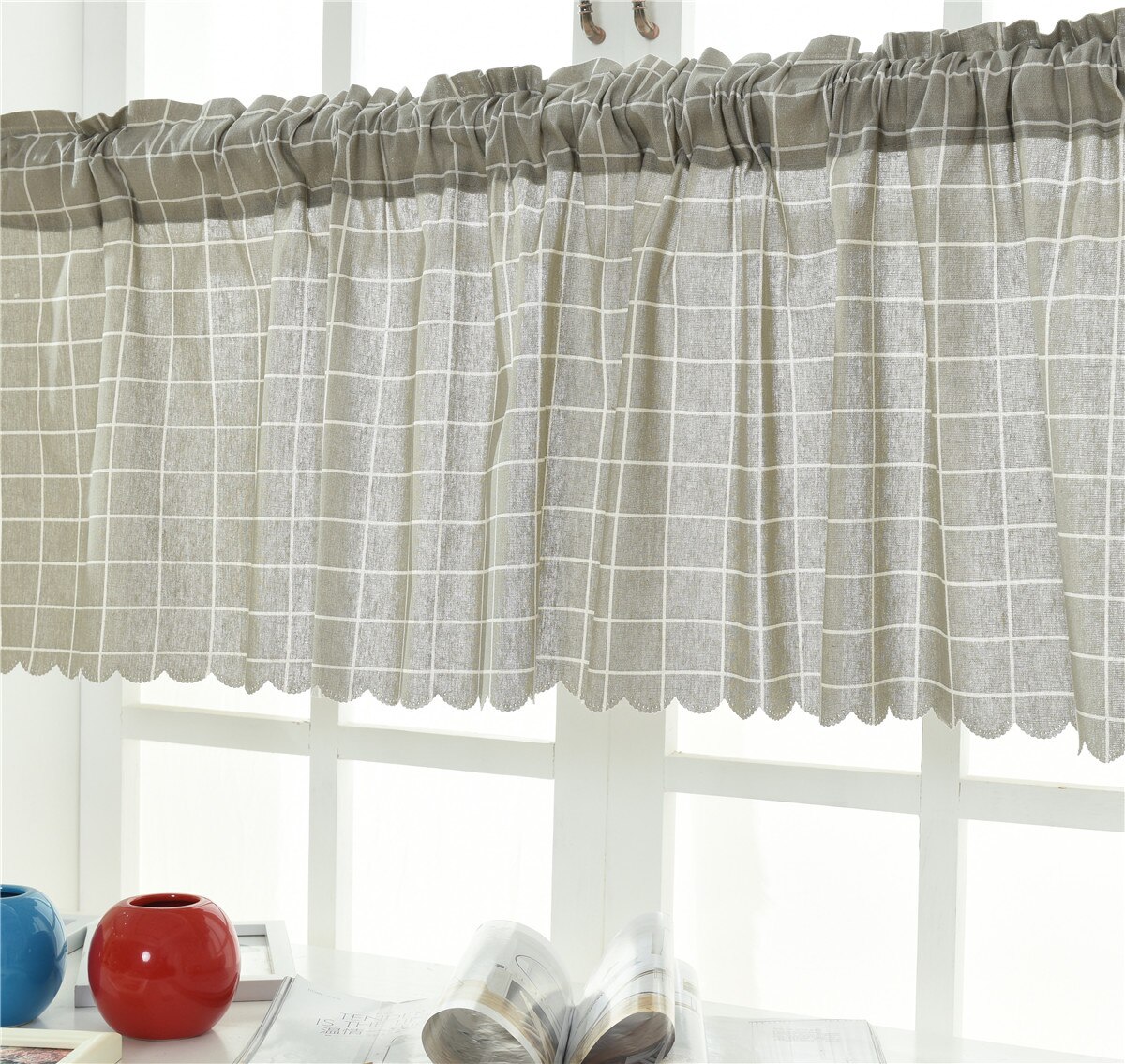 Cenefa de rejilla a rayas para ventana, faldones de cortinas opacas, cortas, semitransparentes, de bolsillo, para Cocina: Style D