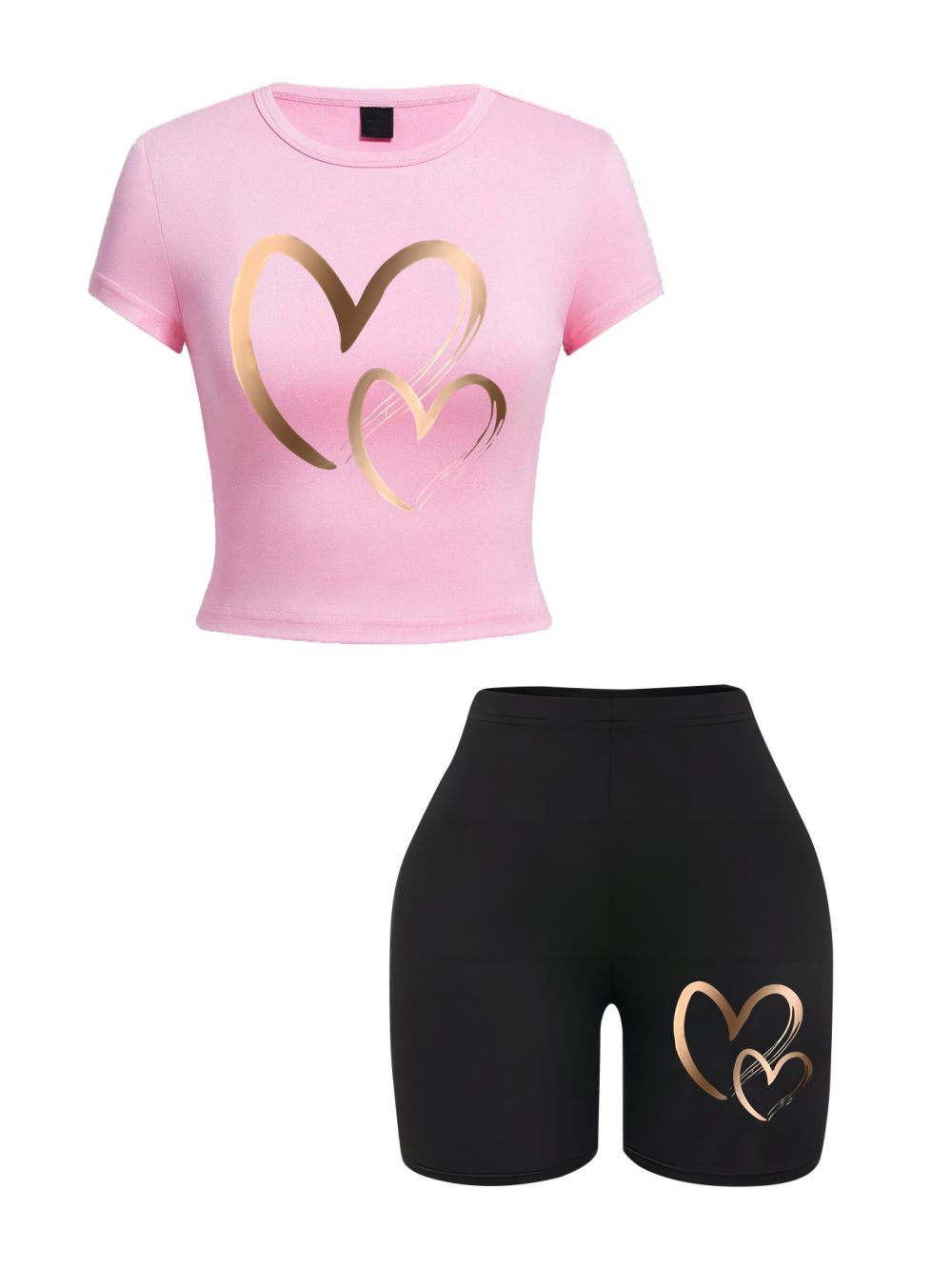 Sommer-Damen-schlank-passen-T-Hemden und kurze Hose, 2-teiliges einstellen, einfache Herzenmuster, Drucke, bauchfreie Spitzen, modische, hochelastische, weiche Kleidung: M / Braun