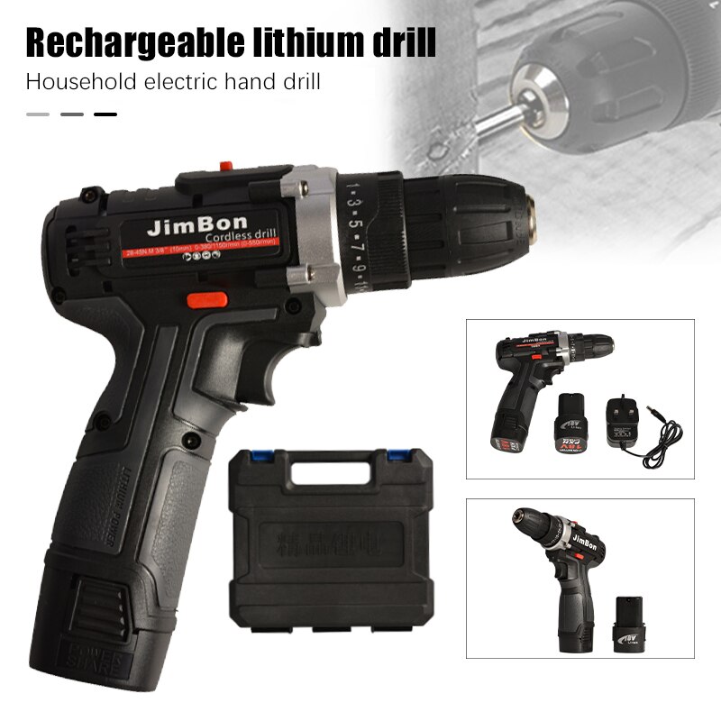 Electric Cordless Drill 18V 2 Speed Wireless Power Driver Screwdriver Home DIY Repair Woodworking Tool with 2Lithium-Ion Battery