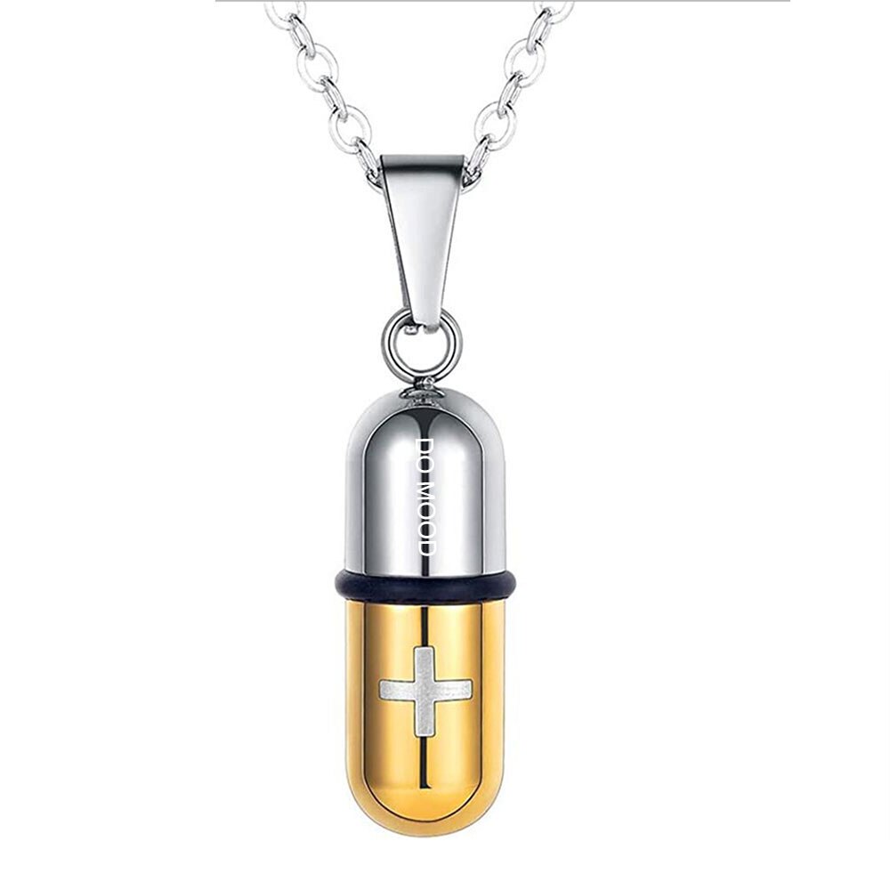 in Acciaio Inox Caso Della Pillola Capsula Collana Del Pendente Del Mens Delle Donne di Croce Medicina ricordo: oro