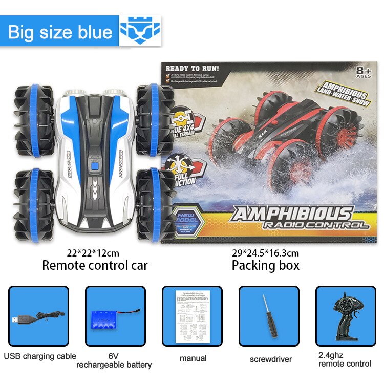 360 Draaien Rc Auto Afstandsbediening Auto 2.4Ghz Waterdichte Rijden Op Water En Land Amfibische Elektrische Rc Auto Speelgoed Voor Kids: Blue Big size