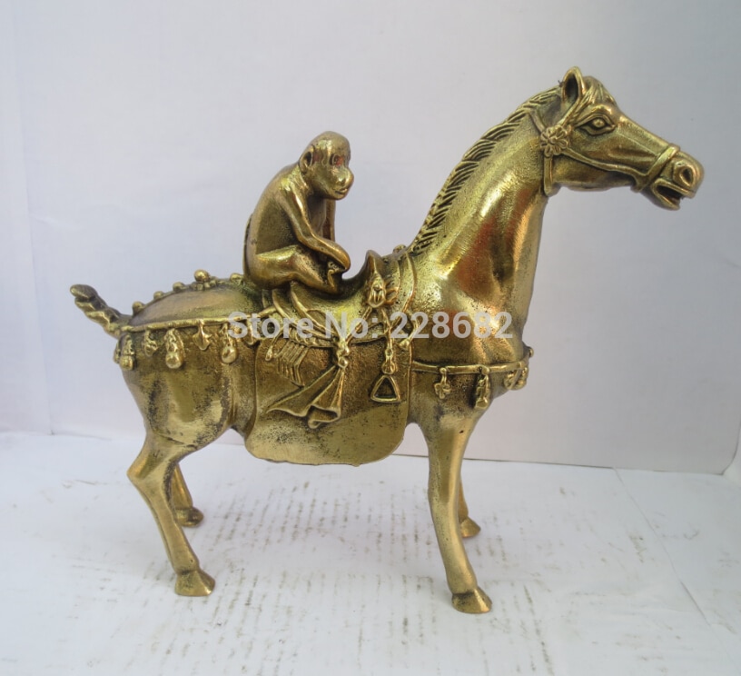 Collectible Chinese Versierd Messing Gesneden aap op paard Sculptuur/aap standbeeld