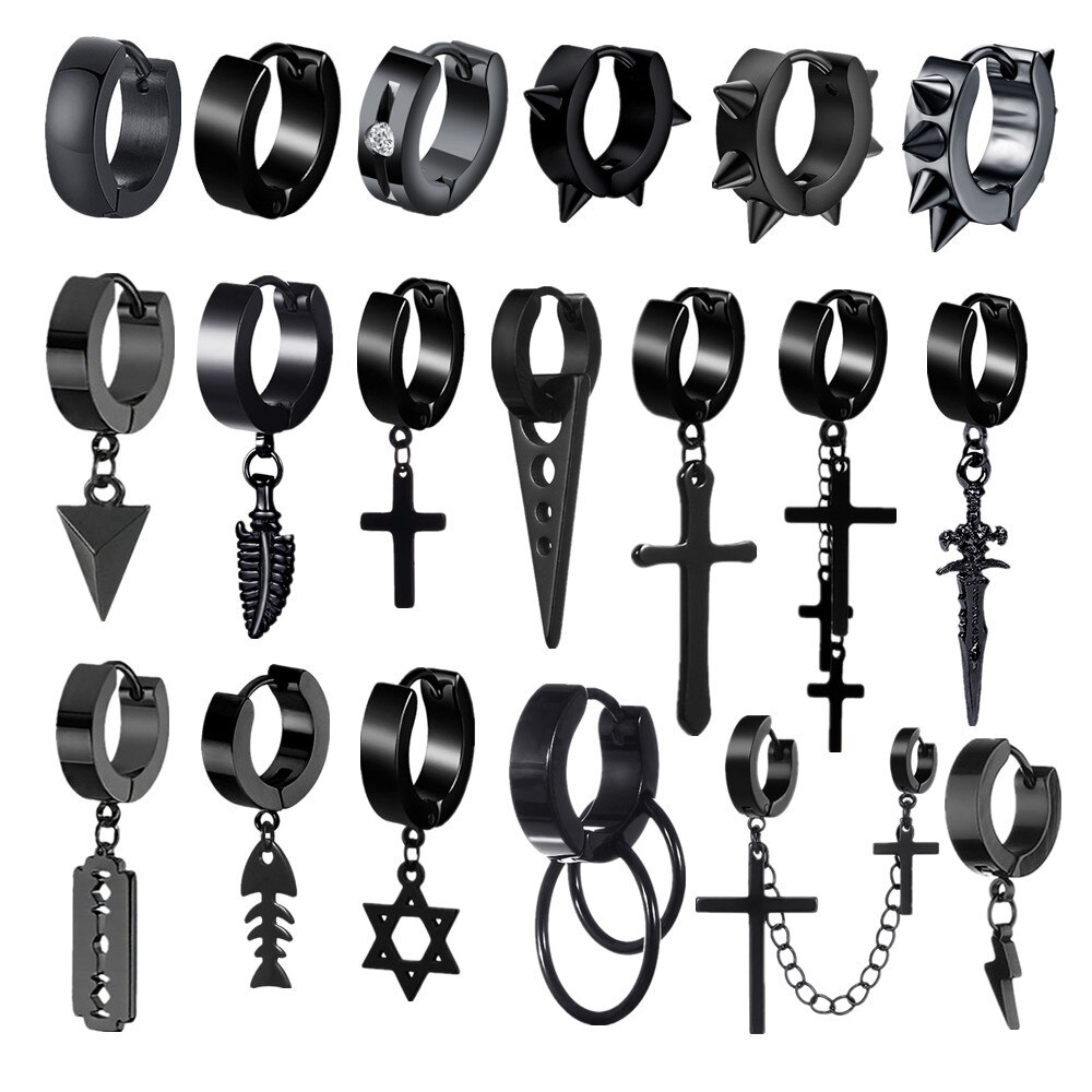 Black Punk Stainless Steel Women Men Hoop Earrings Small Trendy Round Cross Pendants Jewelry Accessories Earrings