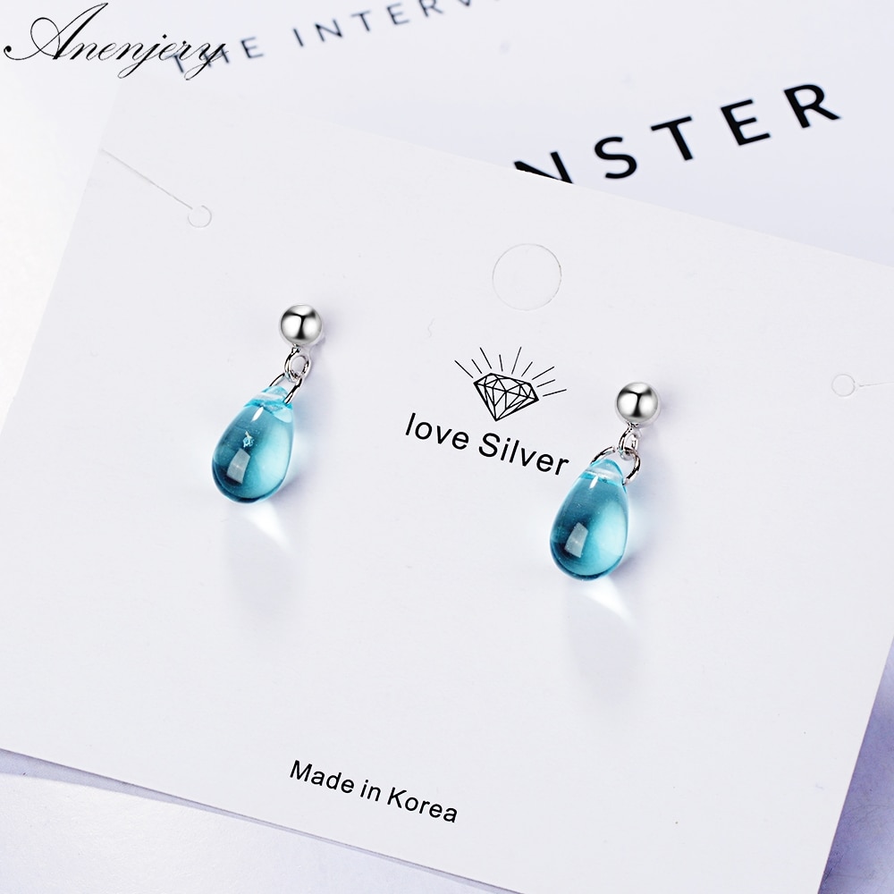 Anenjery Koreanischen Literatur Süße Blau Wasser Tröpfchen Ohrringe 925 Sterling Silber Ohrringe Für Frauen Mädchen boucle d'oreille S-E649