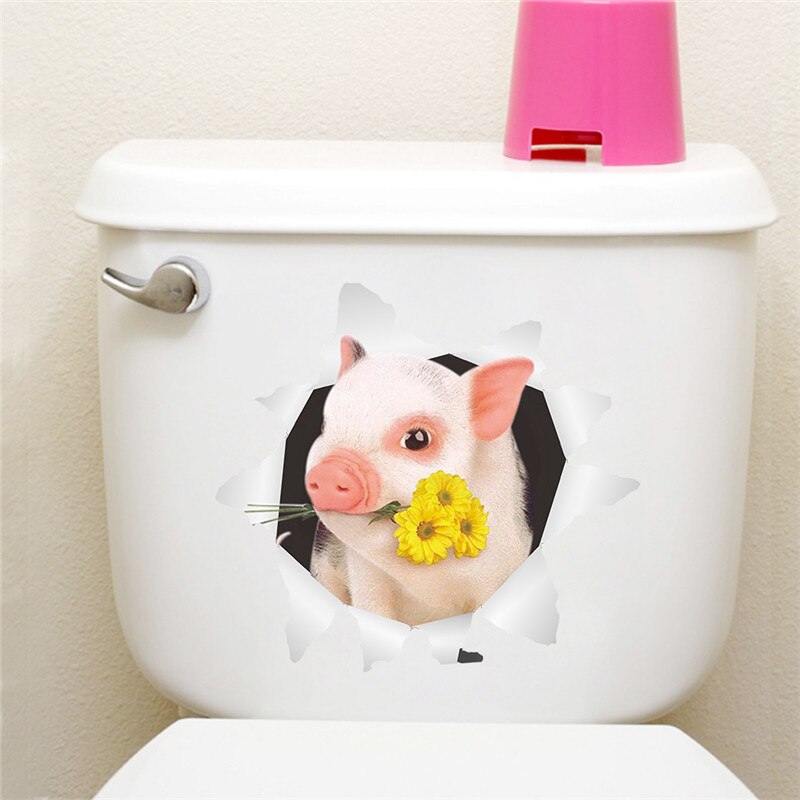 Lovely Piggy Toilet Stickers For Home Decoration 3d Broken Hole Cartoon Pig Animal Mural Art Diy Pvc Wall Decals