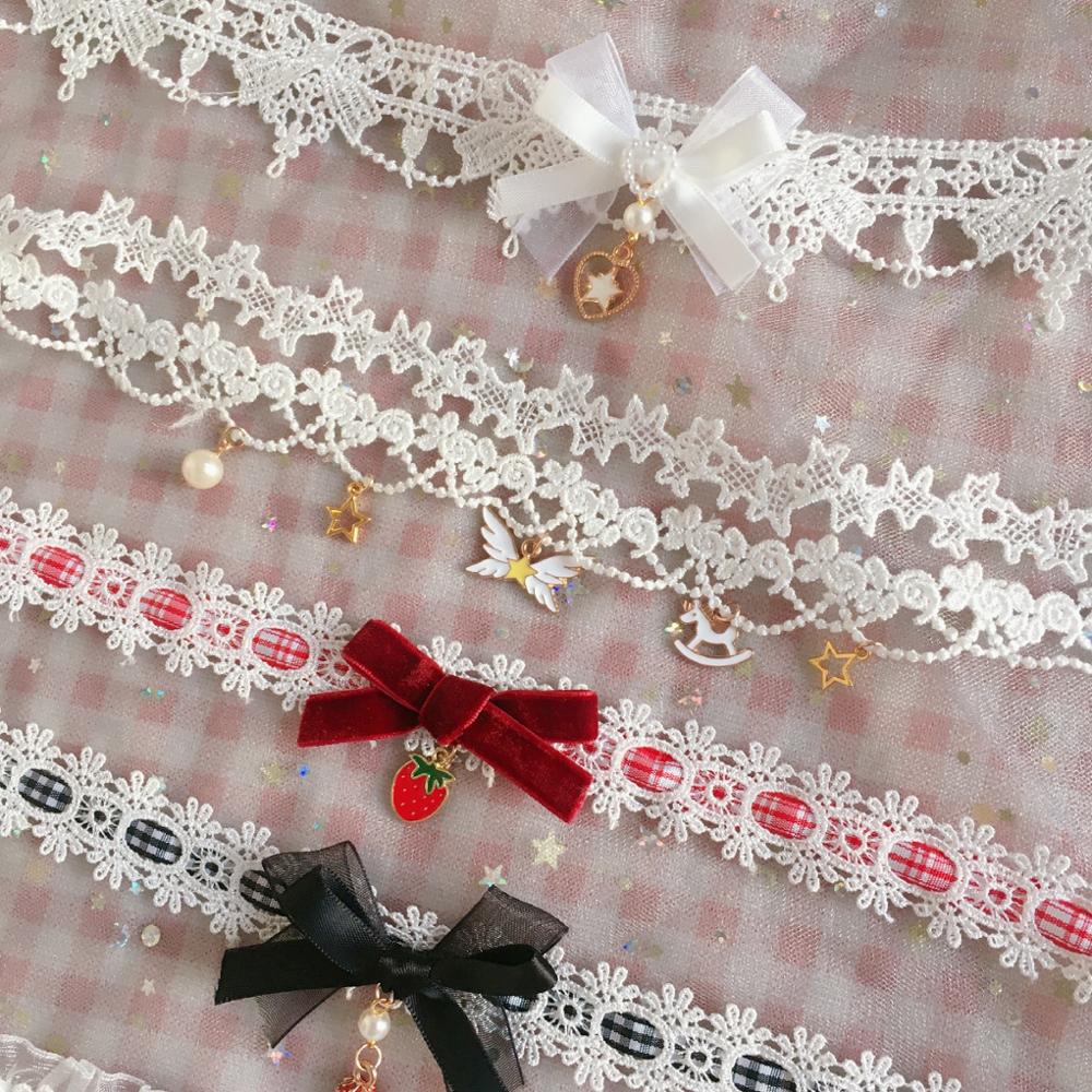Dejlig lolita pige sød blonde sløjfe halskæde kvinder bånd kæde vedhæng krave halsbånd choker prinsesse håndlavet