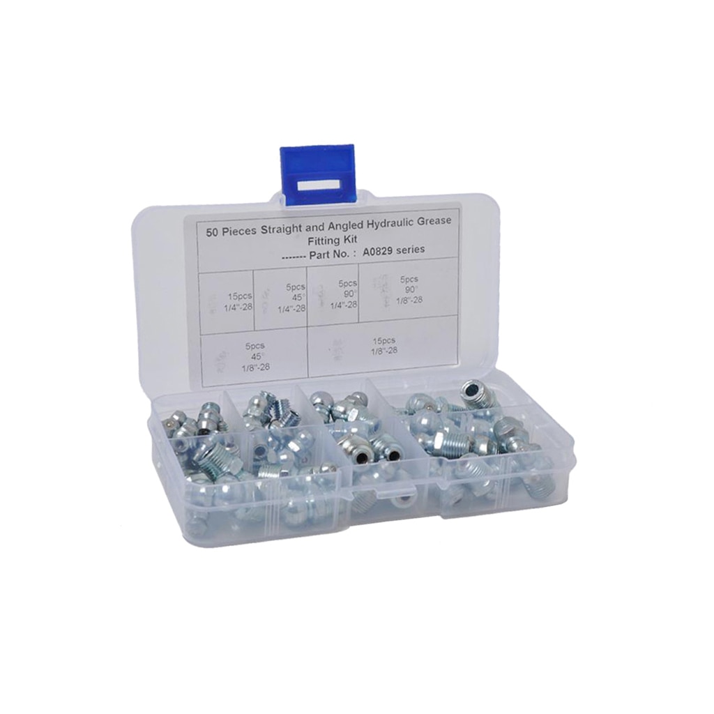 50 Pieces Hydraulic Grease Zerk Fitting SAE Kit 1/4'' 1/8'' Straight 90 Degree/45 Degree