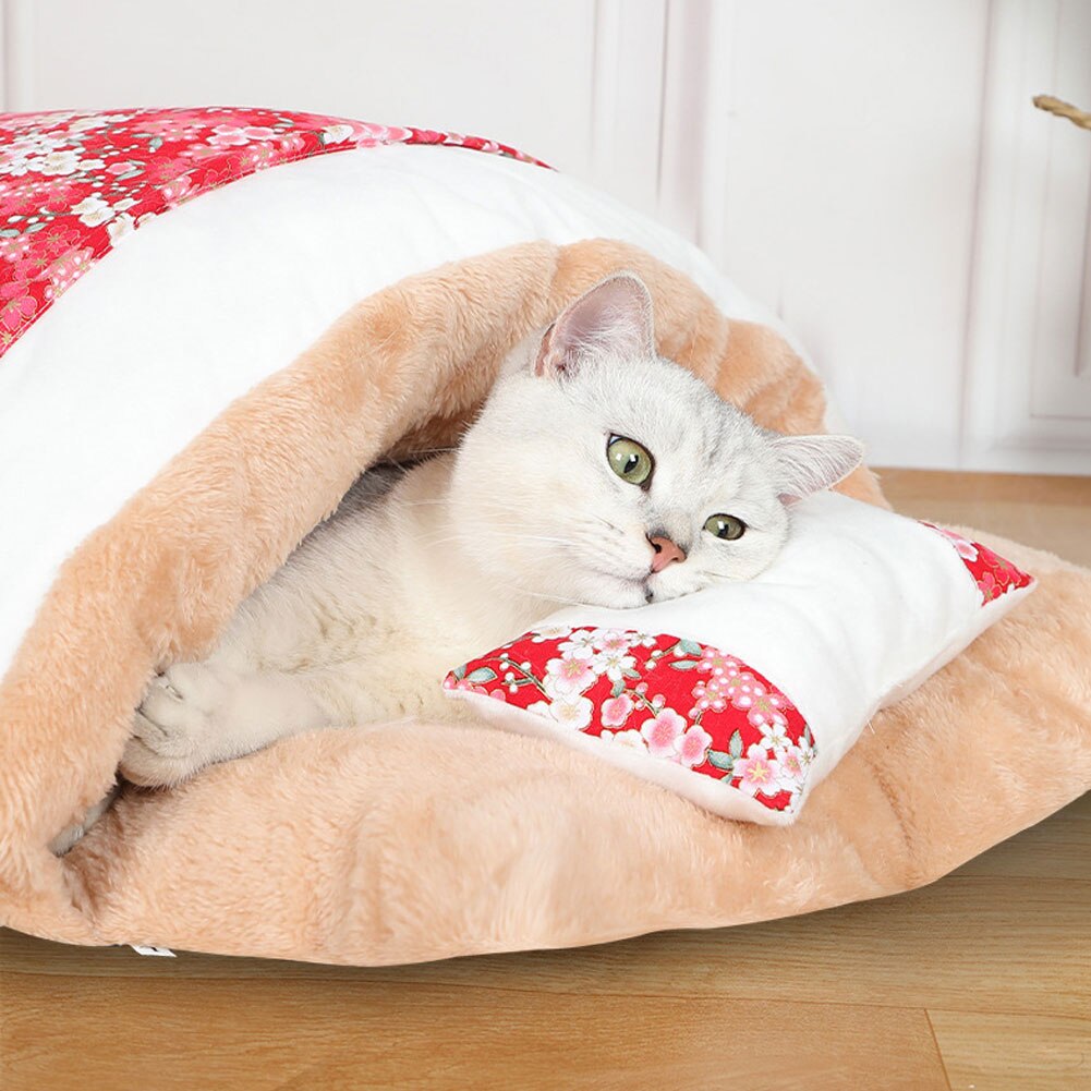 Japanischen Katze Bett Winter Abnehmbare Warme Katze Schlafsack Tiefen Schlaf Haustier Hund Bett Haus Katzen Nest Kissen mit Kissen