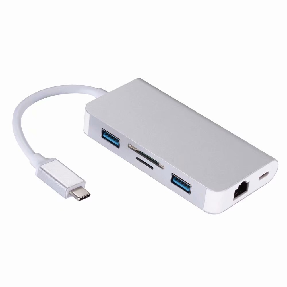 6 em RJ45 1-Tipo C Alumínio Laptop Docking Station USB C para Tipo de Leitor de Cartão USB 3.0 TF C DP Adaptador Para MacBook Docking: White
