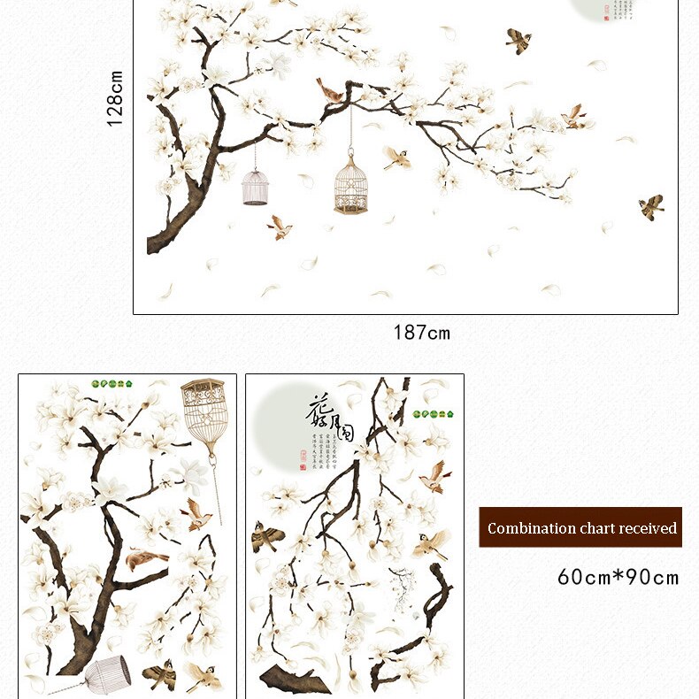 Pegatinas de pared de estilo chino para niños, papel tapiz de árbol con autosellado de flores y pájaros, vinilo decorativo para pared de dormitorio, 187X128cm