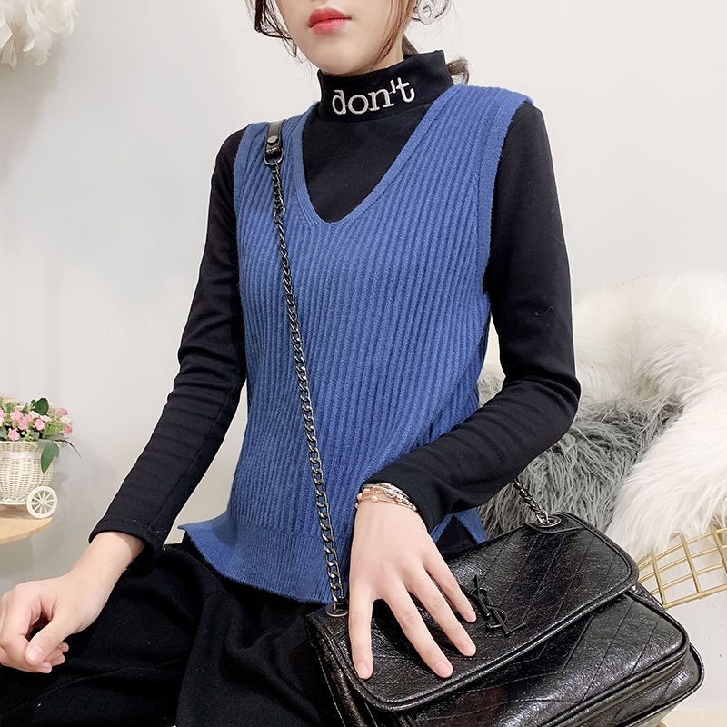 Strikket vest med v-hals, koreansk stil ensfarvet vest til kvinder løs vest stribet slim sweater frakke